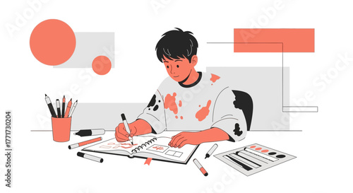 Young Artist Sketching and Drawing Creative Illustrations At His Desk, Working