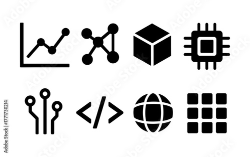 Set of minimalist technology icons featuring graphs and circuitry