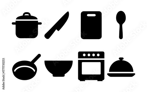 Silhouette kitchen tools set: knife, pot, spoon, cutting board, oven, dish
