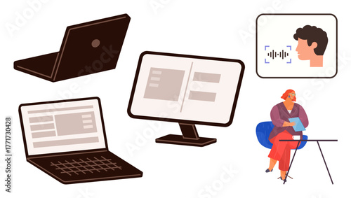 Open laptops, desktop screens displaying applications, video call with face recognition, and a professional using a tablet. Ideal for remote work, digital communication, business, workflow, AI