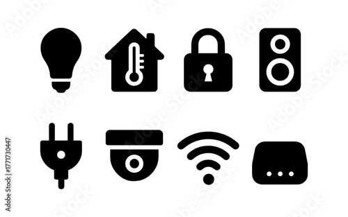 Smart home icon set featuring security, energy, and connectivity symbols in silhouette style