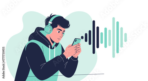 Young Individual Enjoying Music, Interacting With Mobile, Listening Via Headphones