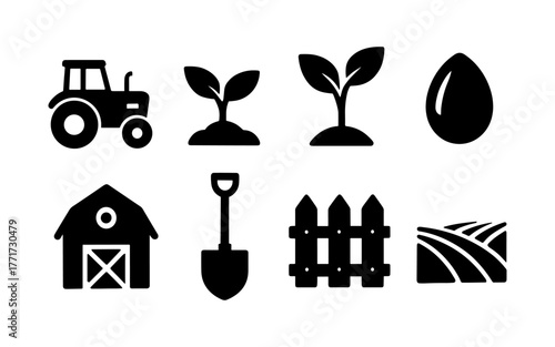 Silhouette farming icons set featuring tractor, barn, and crops