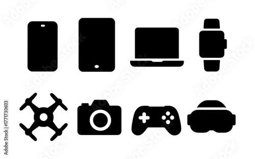 Silhouette icons of modern technology devices including laptop, tablet, and drone