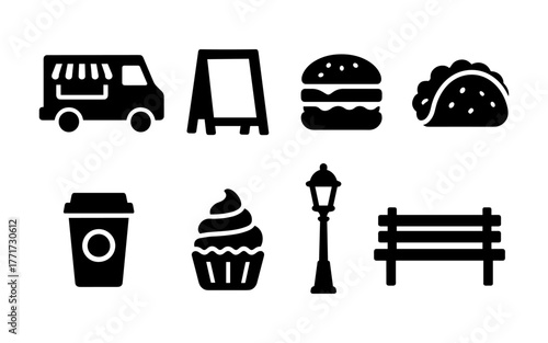 Street food icons: truck, sign, burger, taco, coffee, dessert, lamp, bench