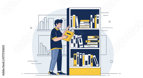 Young Man Reading A Book Selection Carefully in Front of a Bookshelf in Library