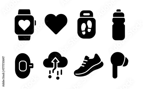 Fitness icons set featuring wearable technology and healthy lifestyle elements