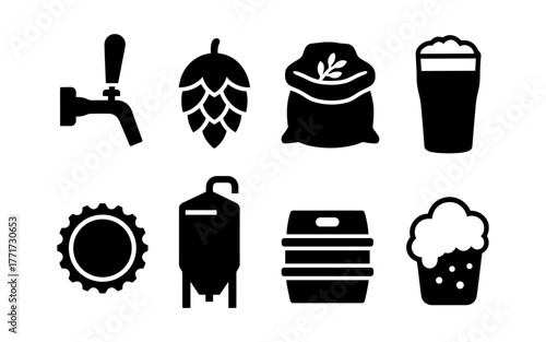 Craft beer icons: brewing equipment and ingredients in bold silhouette style