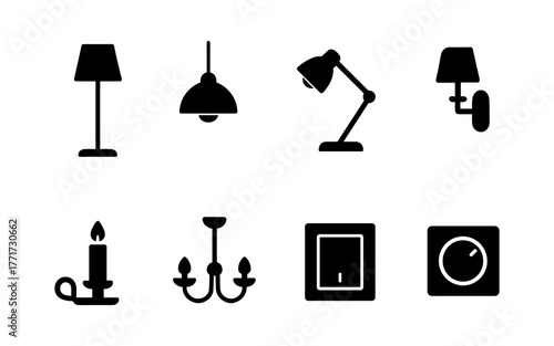 Minimalistic silhouette icons of modern and classic lighting fixtures