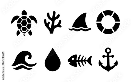 Silhouette marine icons: nautical and ocean elements for creative designs
