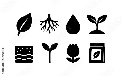 Silhouette set of gardening icons: leaf, seedling, roots, water drop, and soil elements