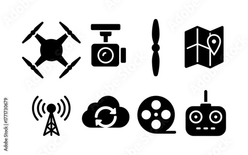 Silhouette icons of drone technology and aerial mapping tools