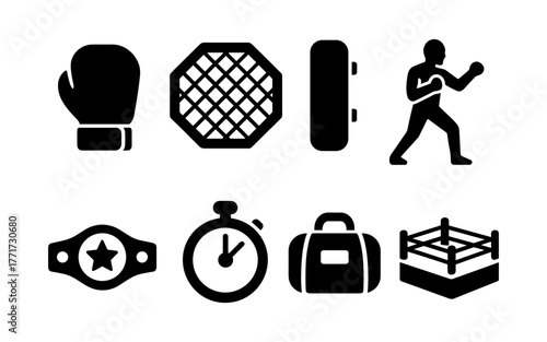 Boxing and mma icon set: gloves, ring, fighter, timer, belt