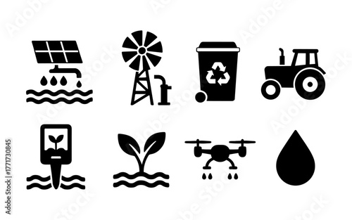 Sustainable farming icons: renewable energy, agriculture technology, recycling