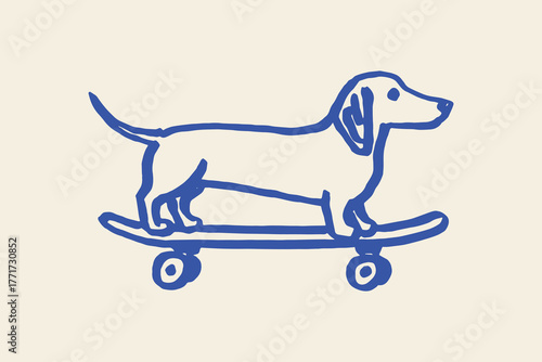 dachshund on skateboard naive hand-drawn sketch line art vector illustration