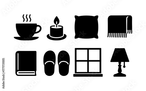 Cozy home essentials: silhouette icons of comfort items