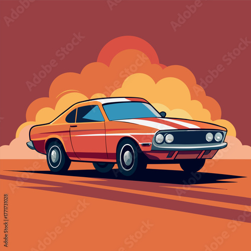 Retro muscle car racing with fiery background, bold colors and dynamic shadows, vintage illustration style.