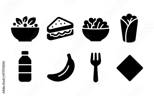 Monochrome icons of lunch items: sandwich, salad, and more