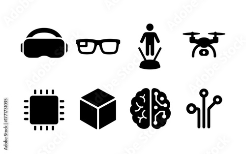 Futuristic technology icons set featuring vr, ai, and robotics in silhouette style