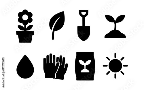 Gardening icons set with plants, tools, and nature elements in black silhouette style
