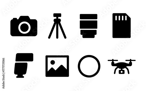 Photography equipment icons: camera, tripod, lens, memory card, flash, picture, filter, drone in silhouette style