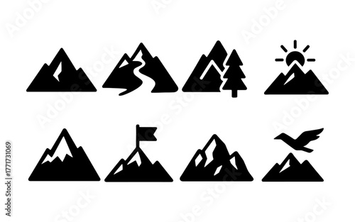 Silhouette mountain icons set: adventure, nature, and outdoor symbols