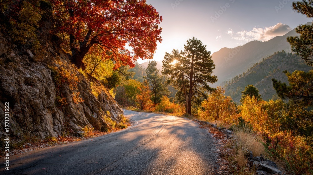 Obraz premium Serene Autumn Landscape with Vibrant Red Leaves, Winding Road, Golden Sunlight, and Majestic Mountains in the Background at Sunset