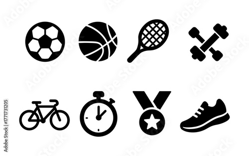 Silhouette icons of popular sports and fitness equipment for active lifestyle designs