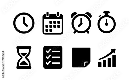 Minimalist time management icons: clocks, calendars, alarms, and graphs