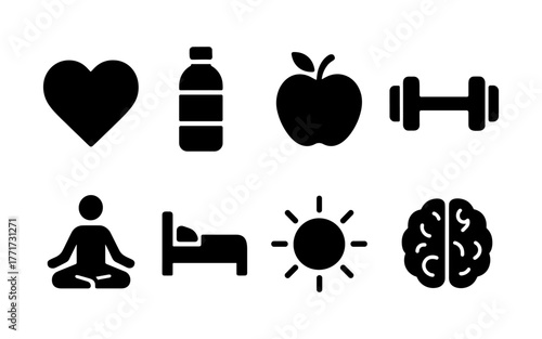 Silhouette icons of healthy living: fitness, nutrition, and wellness symbols