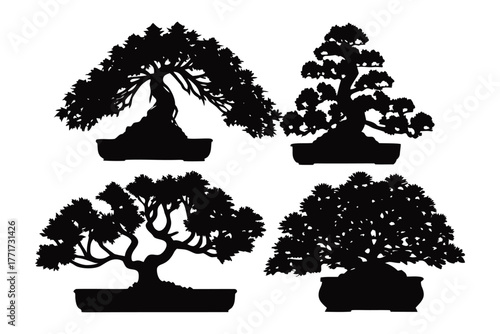 Silhouette Bonsai Artistry: An artistic representation of carefully cultivated bonsai trees showcases the intricate beauty of miniature trees in a classic art form. 