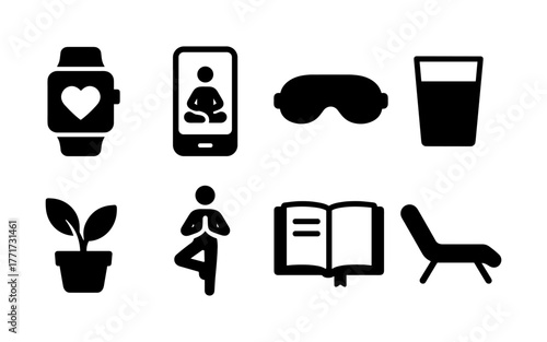 Wellness and relaxation icons: yoga, meditation, and healthy living symbols