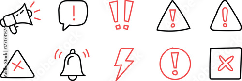 Set of hand drawn alert and warning symbols for interface or icon design