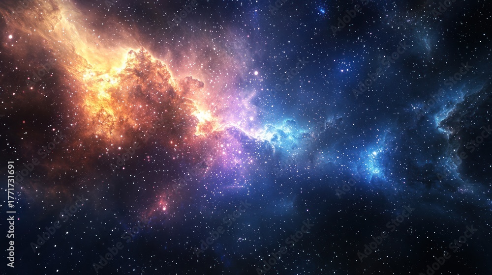 Fototapeta premium A vast, colorful nebula with stars and gas clouds in the background, with a bright orange and blue nebula in the foreground.