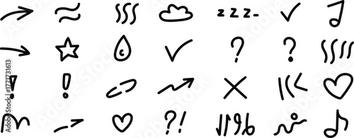 Creative doodle collection with arrows hearts checkmarks music notes and decorative symbols