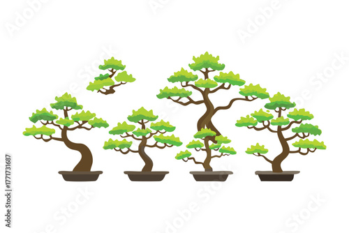 Miniature Forest: A serene arrangement of meticulously crafted bonsai trees, each a miniature masterpiece of nature, standing in its own pot, ready to grace any setting with their elegance.