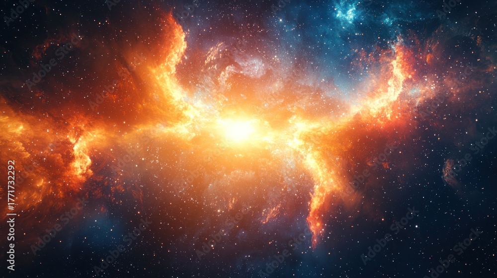 Fototapeta premium A vibrant, colorful nebula with orange and blue hues, surrounded by stars and gas clouds, set against a dark, starry backdrop.