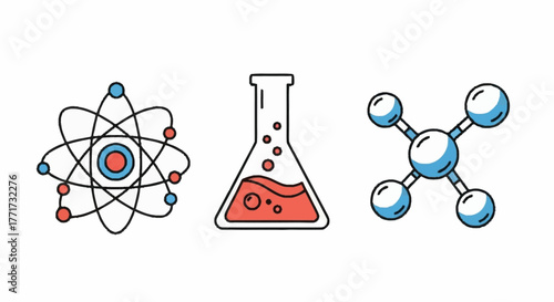 Chemistry Icons - Atom, Flask, and Molecule Illustration.