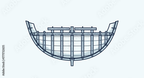Detailed line art illustration of a wooden boat hull cross-section.