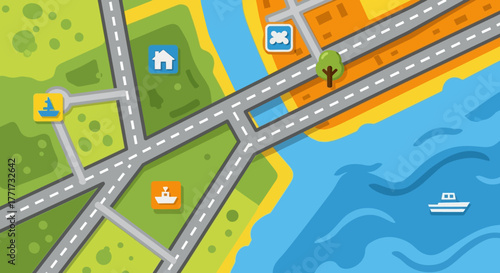 Detailed overhead view of a vibrant cartoon city map with roads, river, and buildings.