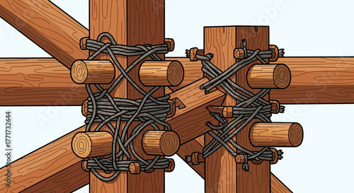 Detailed wooden timber frame structure with intricate rope bindings.