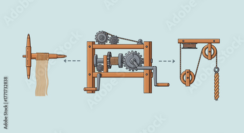 Educational vector illustration of simple mechanical machines and systems.