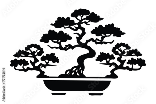 Bonsai Artistry: A striking black silhouette captures the serene beauty of a bonsai tree, its intricate form evoking a sense of calm and precision.