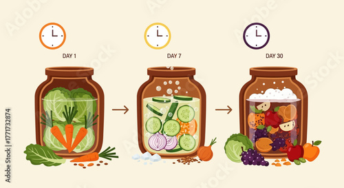 Fermentation process of vegetables in glass jars over time.