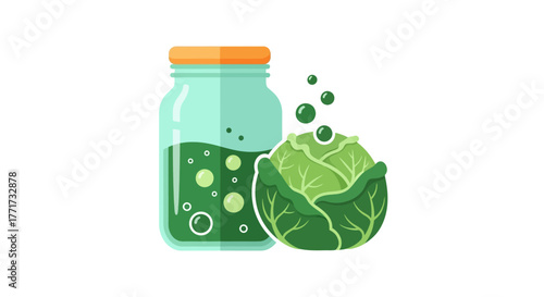 Fermented cabbage and jar illustration depicting healthy food and probiotics.