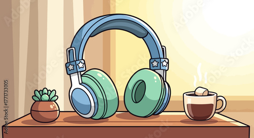 Headphones and coffee cup on a wooden table, cozy and relaxing scene.