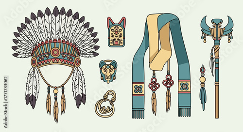 Illustrated Set of Traditional Native American Tribal Regalia and Accessories.