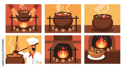 Illustrations depicting the process of cooking stew in a pot over a fire.