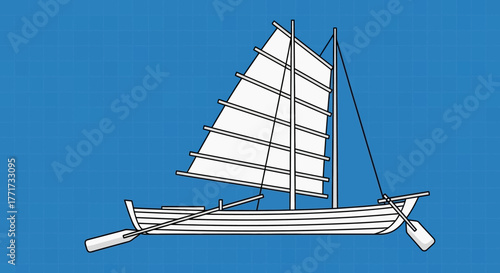 Illustration of a Traditional Chinese Junk Boat on Blue Background.