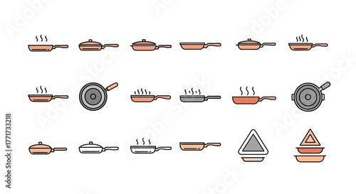 A collection of frying pan icons in various styles, some with steam, arranged in a grid on a white background.